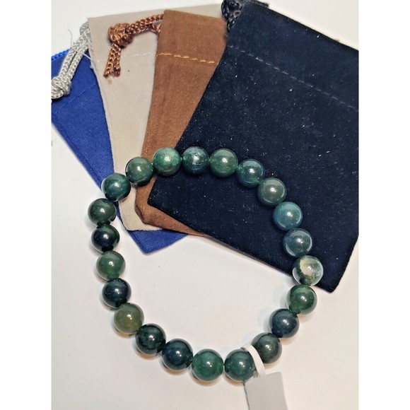 Green Moss Agate Stretch Bracelet 8mm round natural stone w/ felt pouch-B821 - Picture 3 of 12